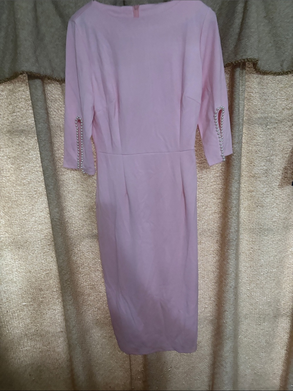 Elegant Pink Midi Dress with Embellished Sleeves
